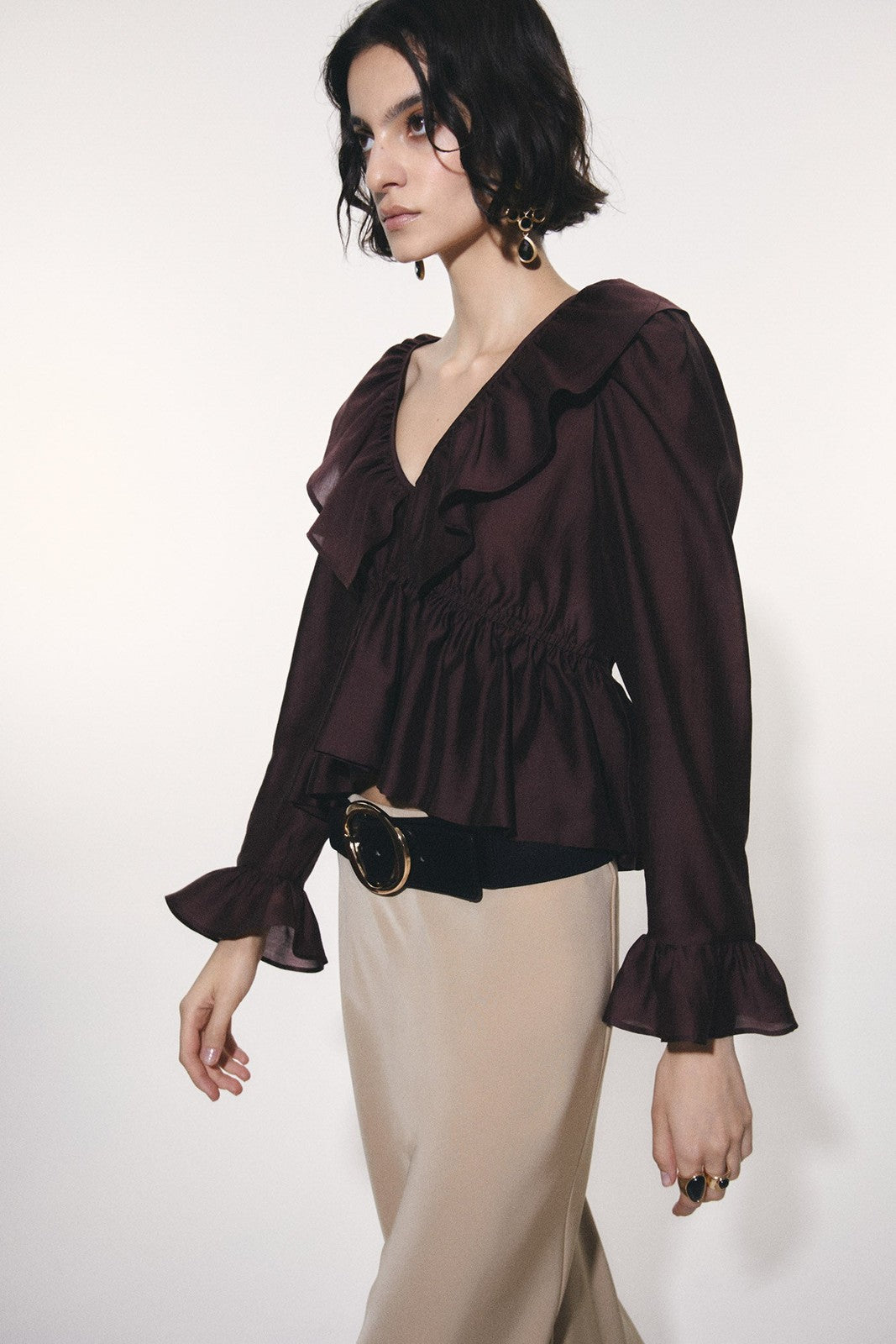Ruffles V-Neck Top - Brown