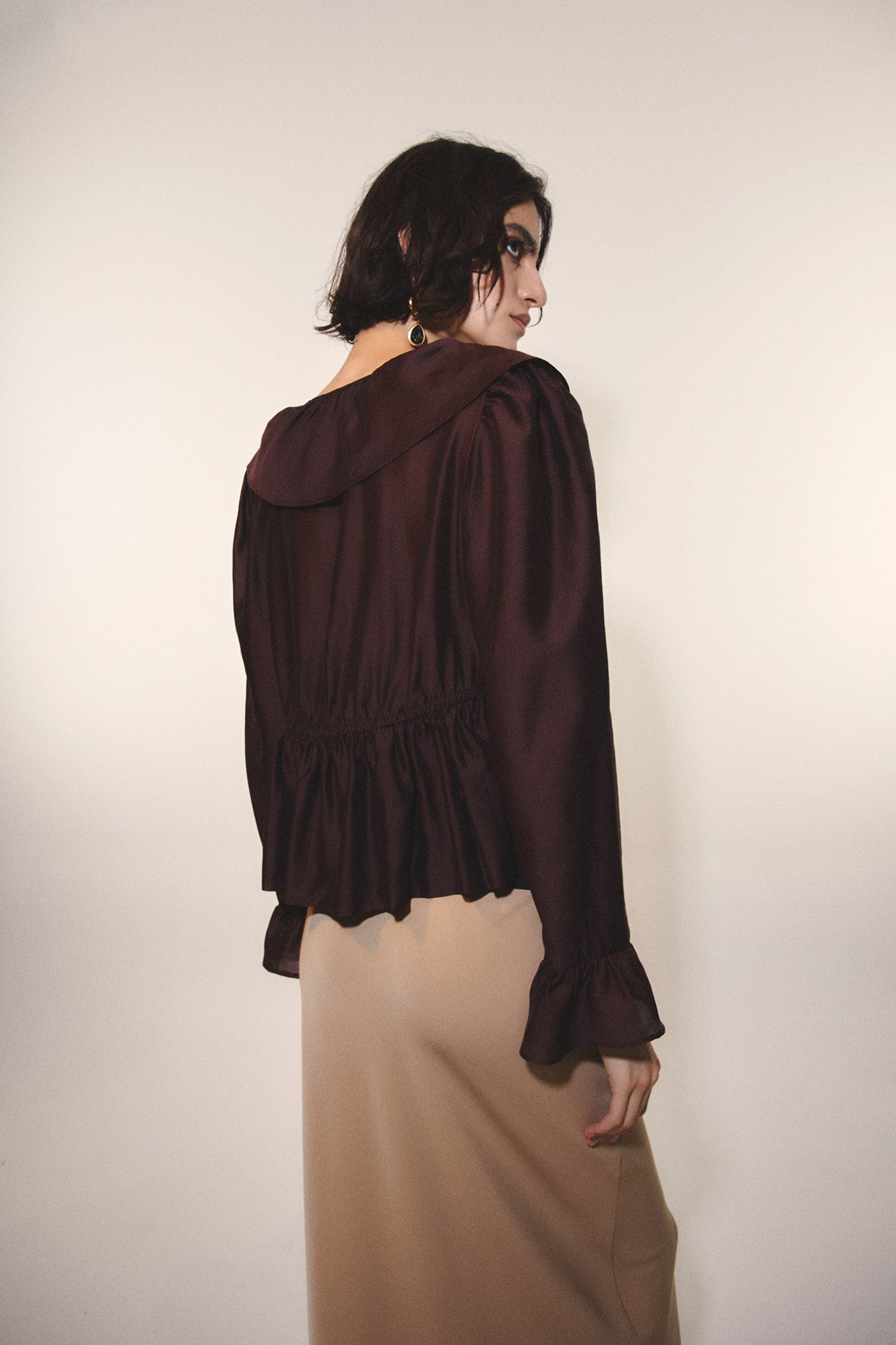 Ruffles V-Neck Top - Brown