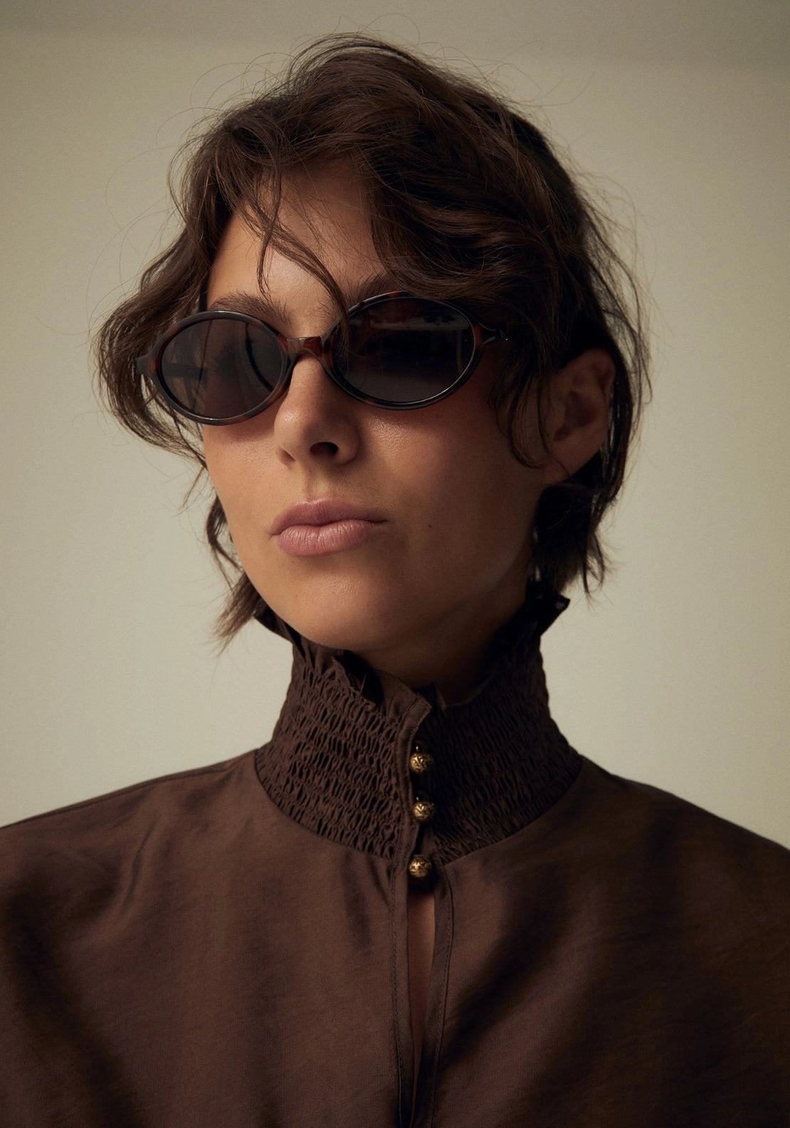 Elastic Neck Long Sleeve Top - Brown
