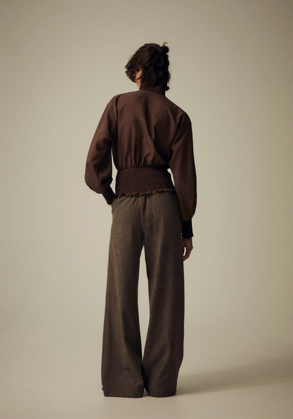 Elastic Neck Long Sleeve Top - Brown