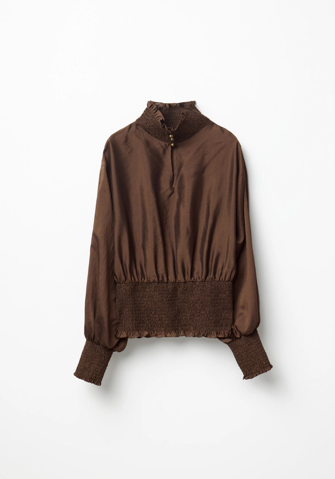 Elastic Neck Long Sleeve Top - Brown