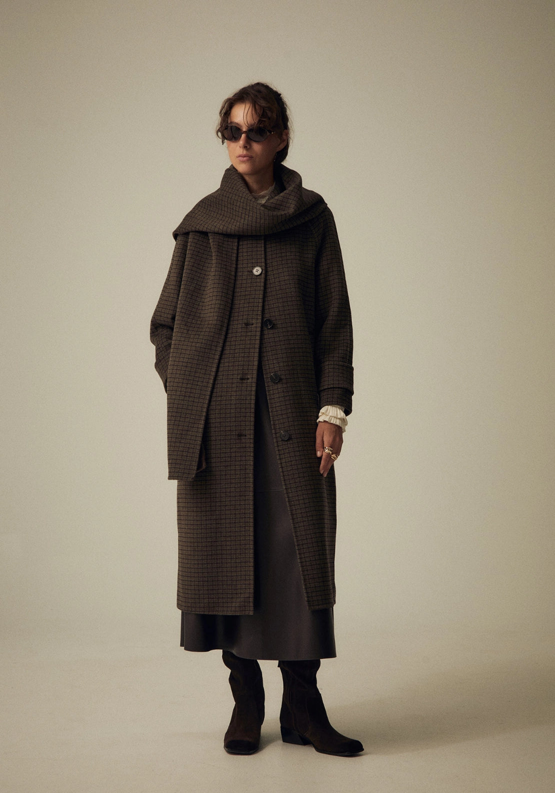 Scarf Detail Check Coat - Green