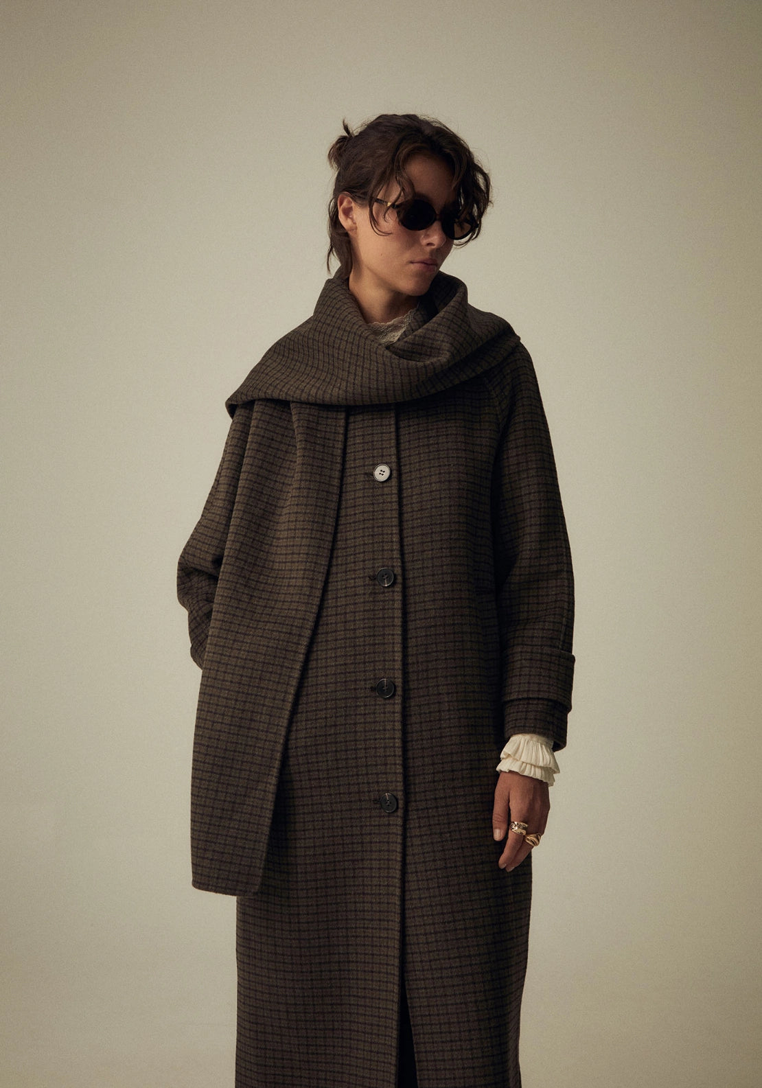 Scarf Detail Check Coat - Green