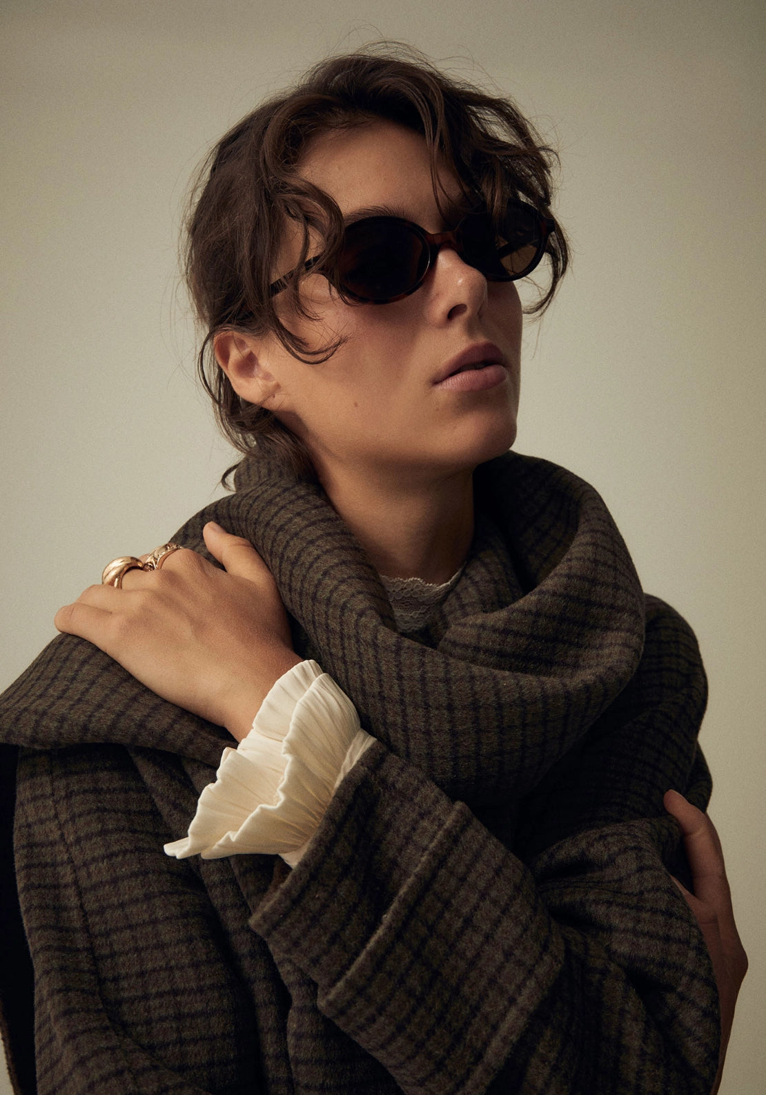 Scarf Detail Check Coat - Green