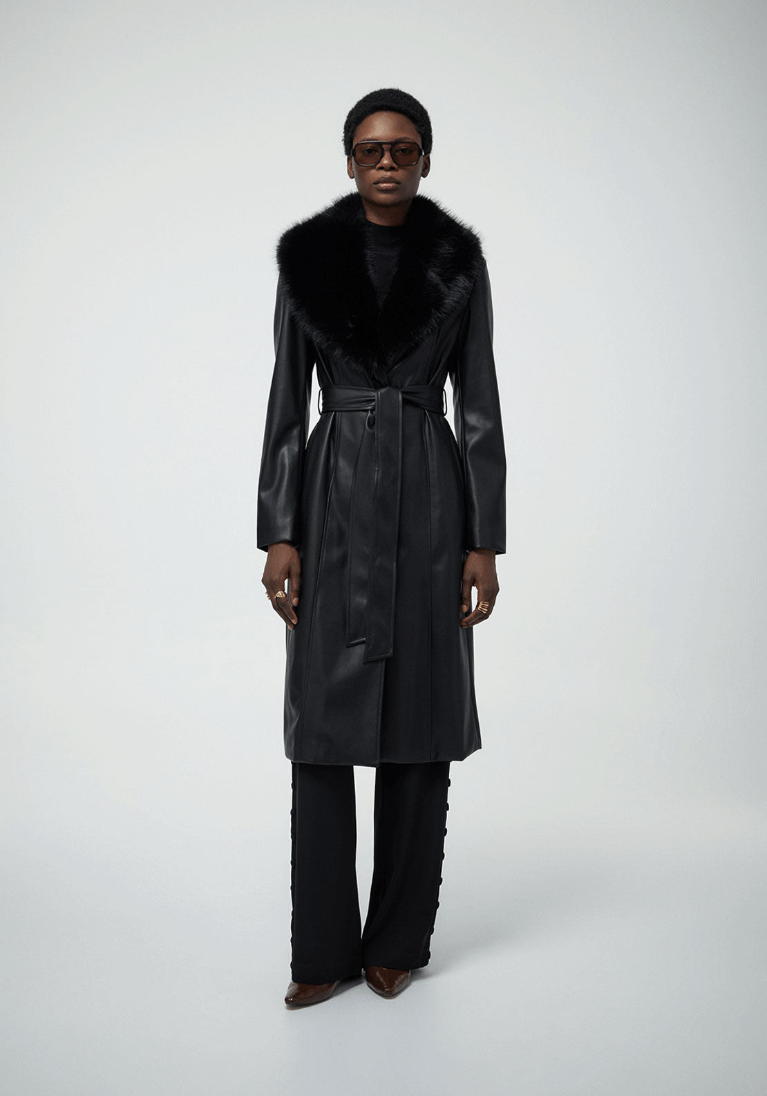 Faux Leather Trench Coat - Black
