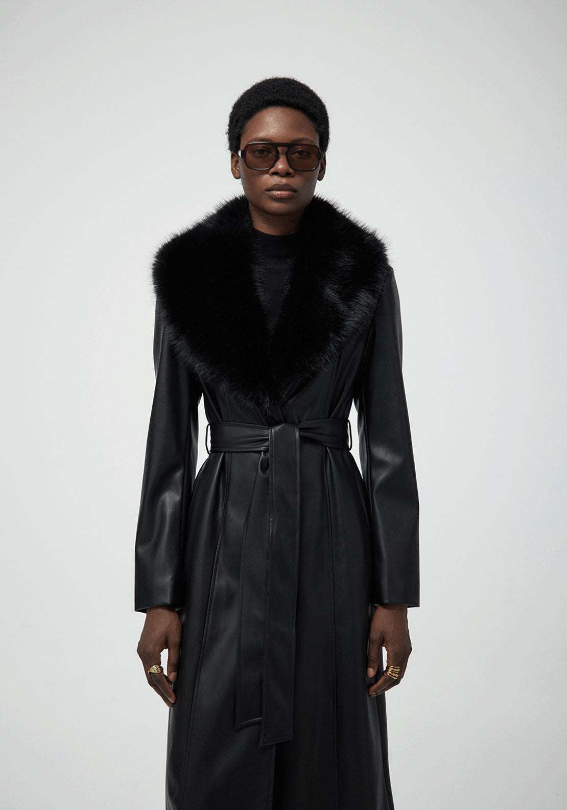 Faux Leather Trench Coat - Black