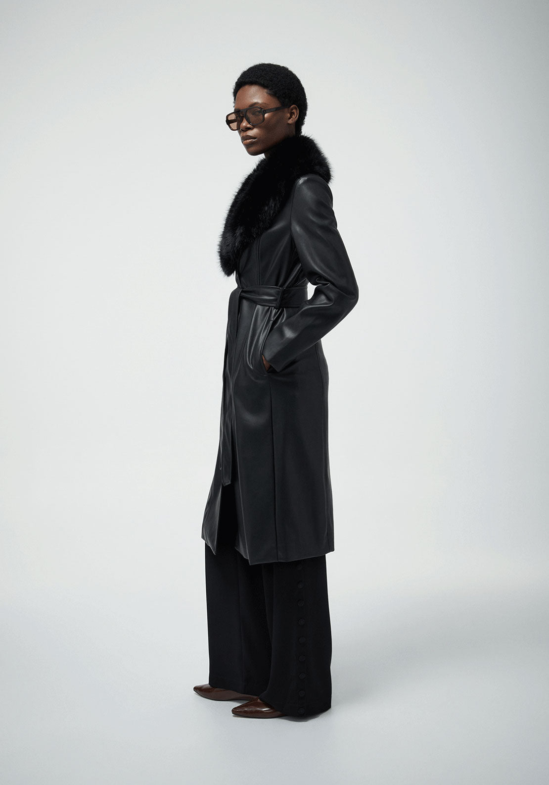 Faux Leather Trench Coat - Black