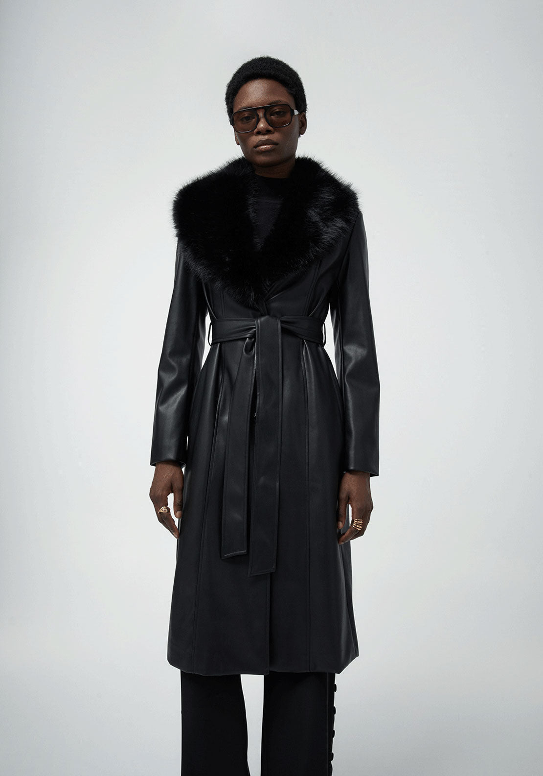 Faux Leather Trench Coat - Black