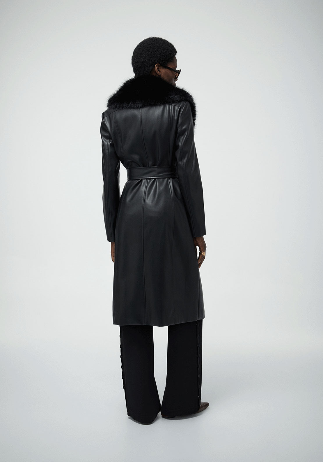 Faux Leather Trench Coat - Black