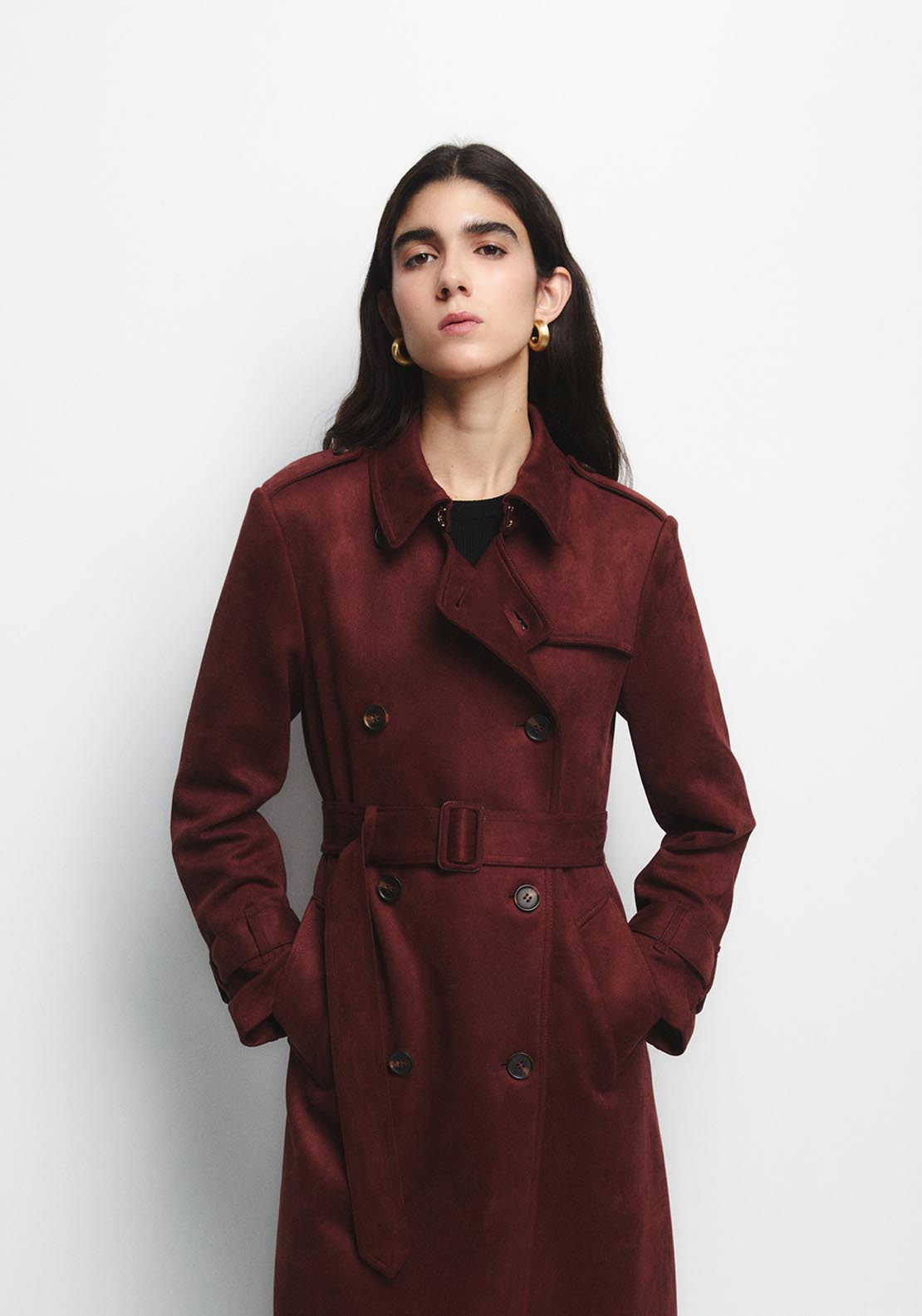 Faux Suede Trench Coat - Red
