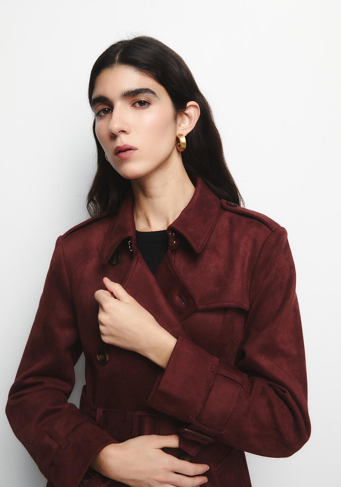 Faux Suede Trench Coat - Red