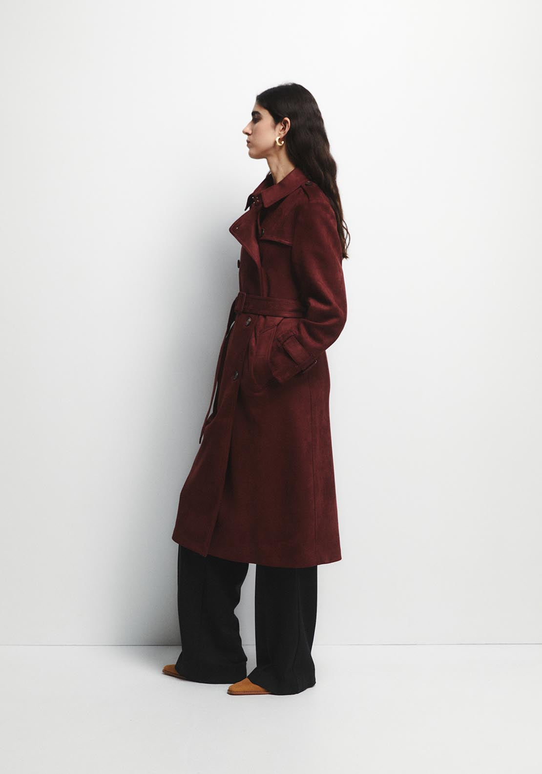 Faux Suede Trench Coat - Red