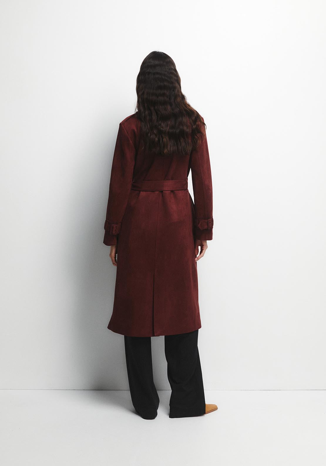 Faux Suede Trench Coat - Red
