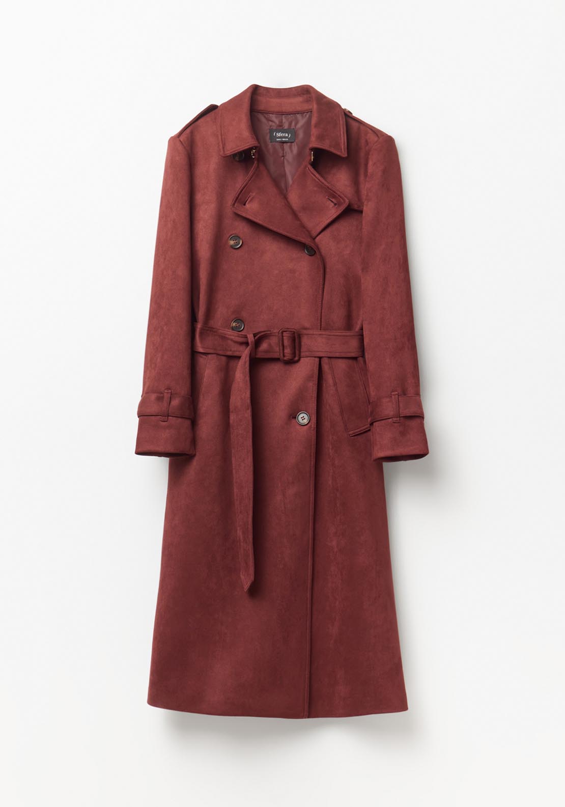 Faux Suede Trench Coat - Red
