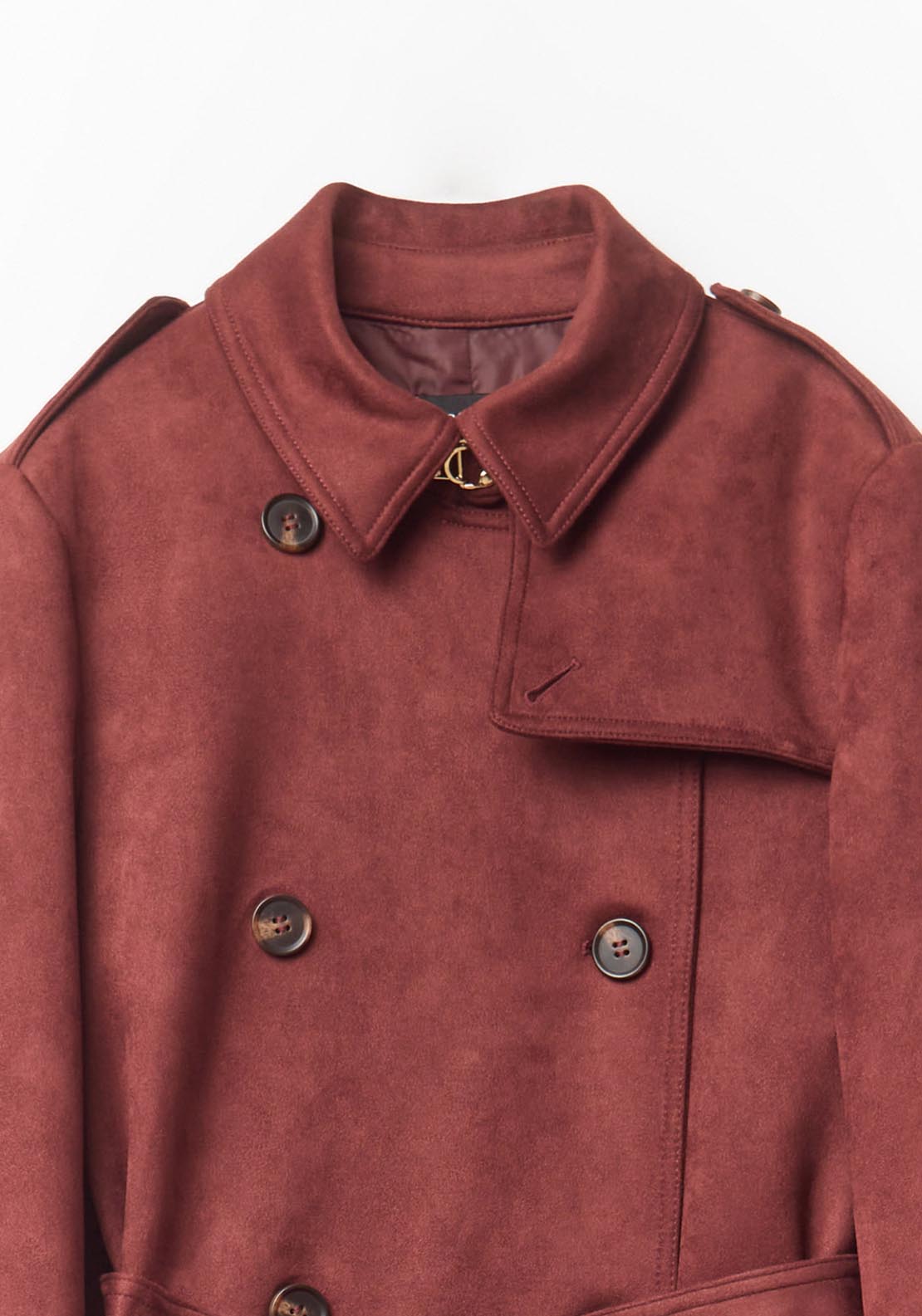 Faux Suede Trench Coat - Red