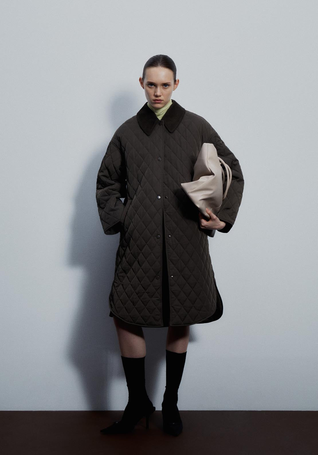 Sfera Ribbed collar quilted coat - Khaki 3 Shaws Department Stores
