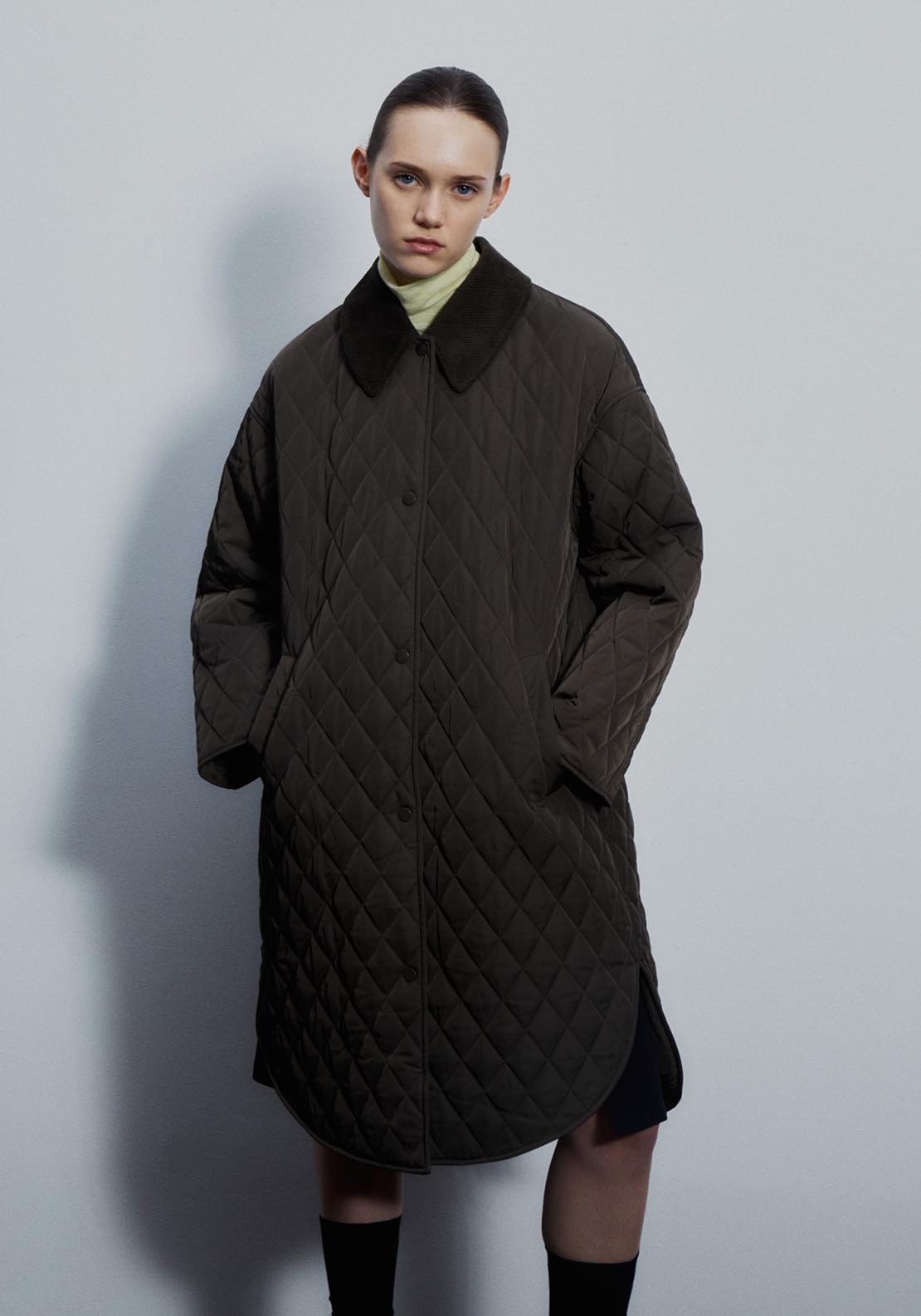 Sfera Ribbed collar quilted coat - Khaki 5 Shaws Department Stores