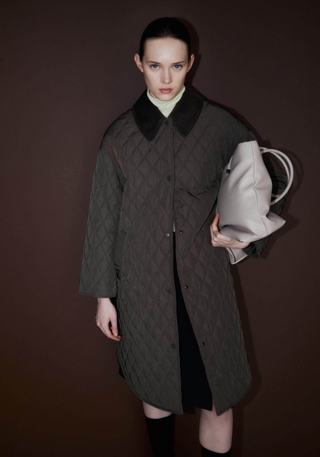 Sfera Ribbed collar quilted coat - Khaki 1 Shaws Department Stores