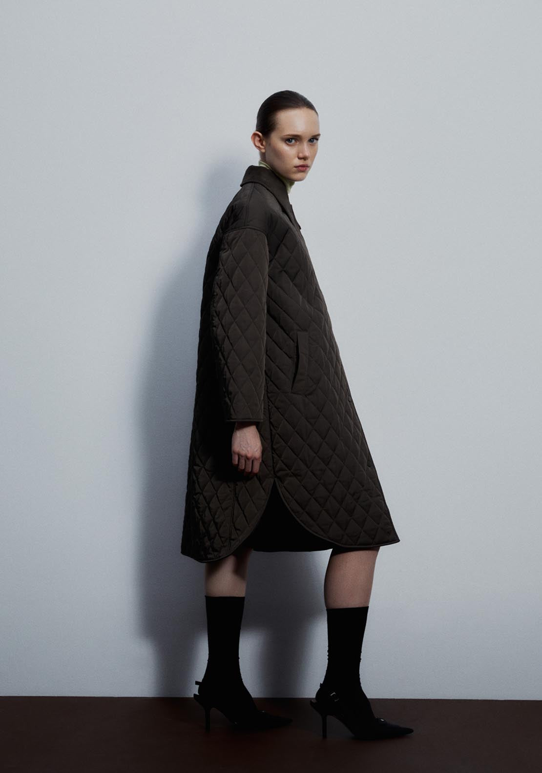 Sfera Ribbed collar quilted coat - Khaki 4 Shaws Department Stores