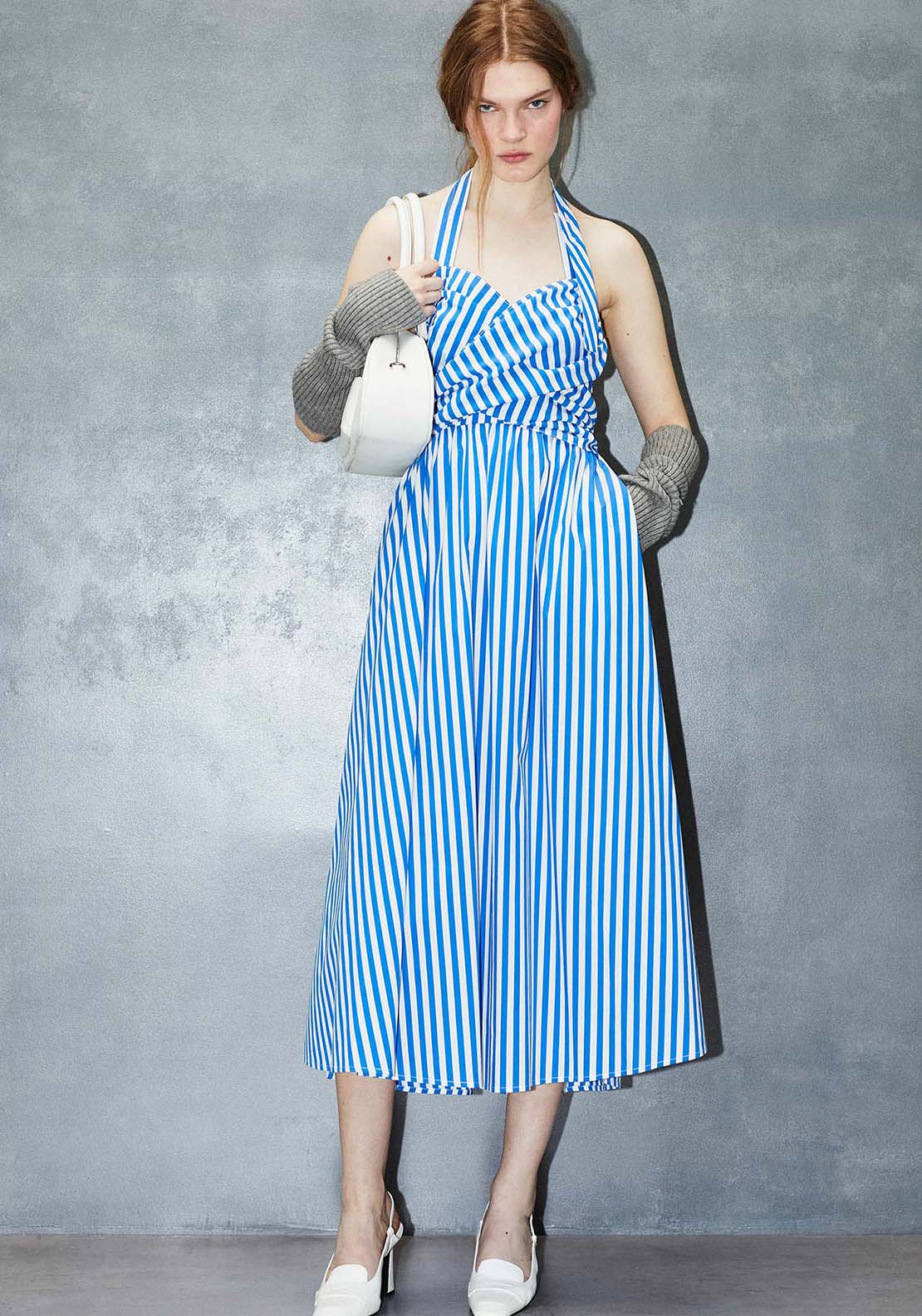 Sfera Stripes Tie Detail Dress - Blue 1 Shaws Department Stores