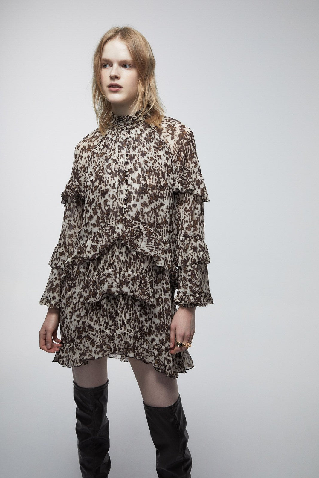Ruffles Short Dress - Brown Print