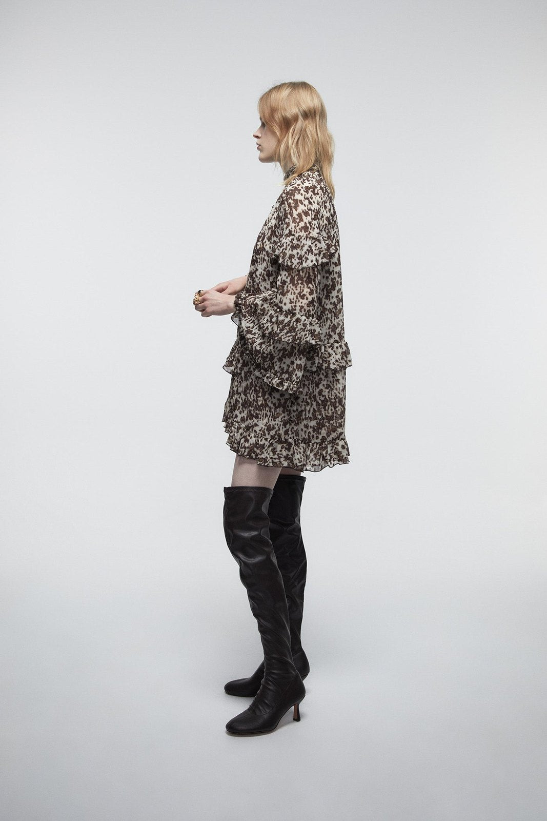 Ruffles Short Dress - Brown Print