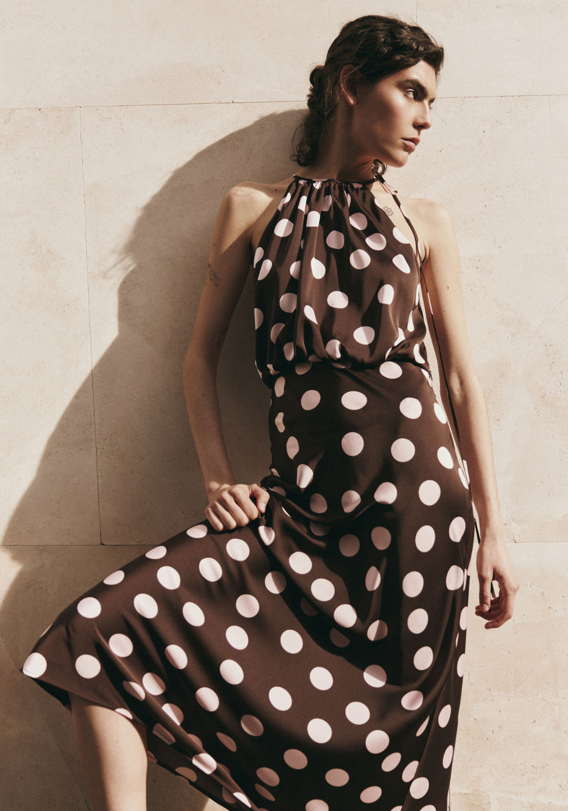 Satin Finish Halterneck Dress - Brown