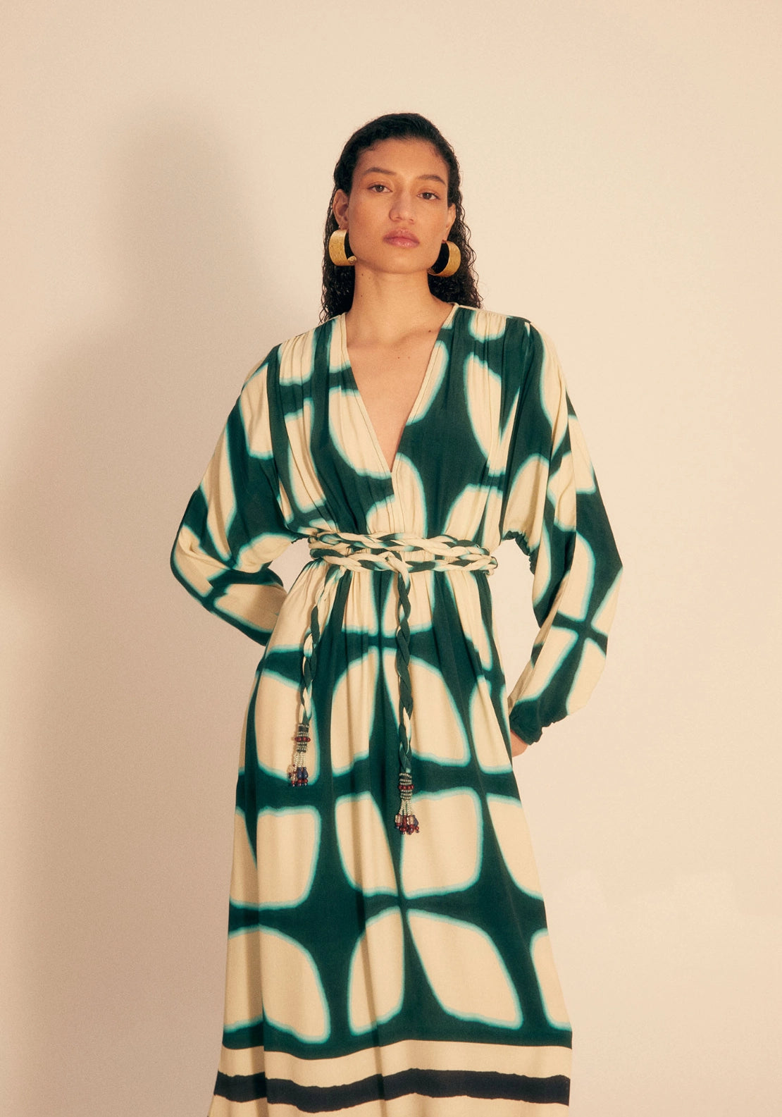 Braided Belt Dress - White/green