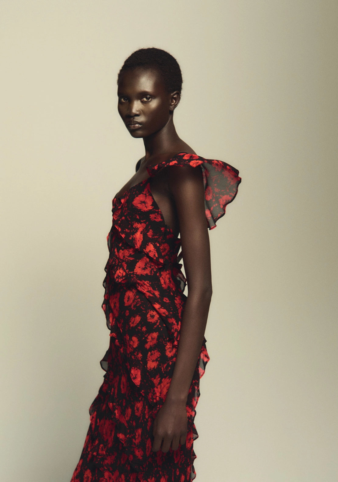 Printed Ruffle Dress - Red
