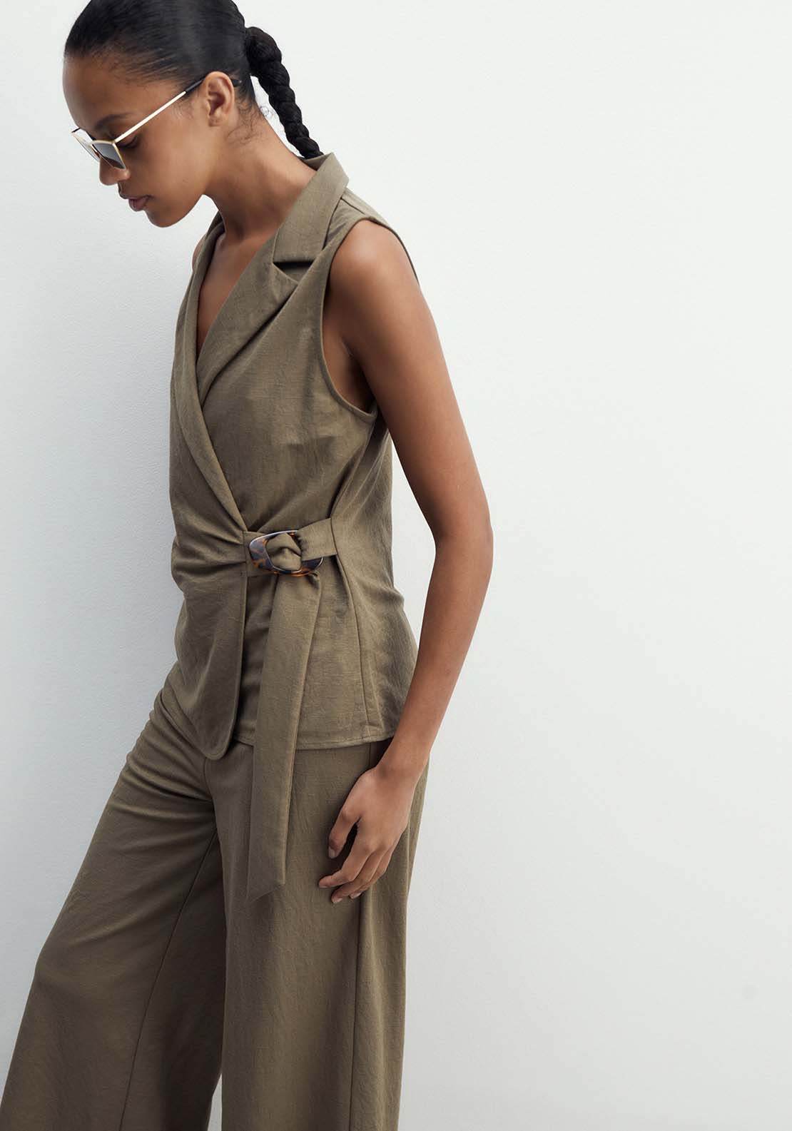 Sfera Linen-Effect Sleeveless Jacket - Khaki 4 Shaws Department Stores