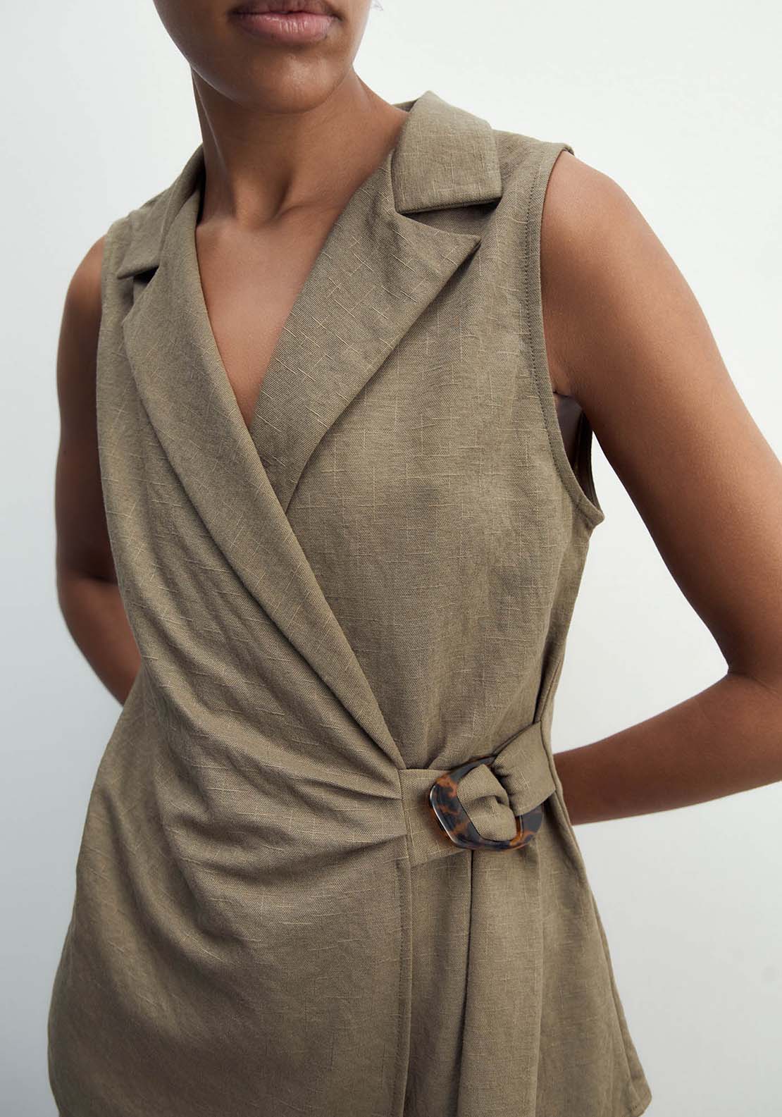 Sfera Linen-Effect Sleeveless Jacket - Khaki 1 Shaws Department Stores