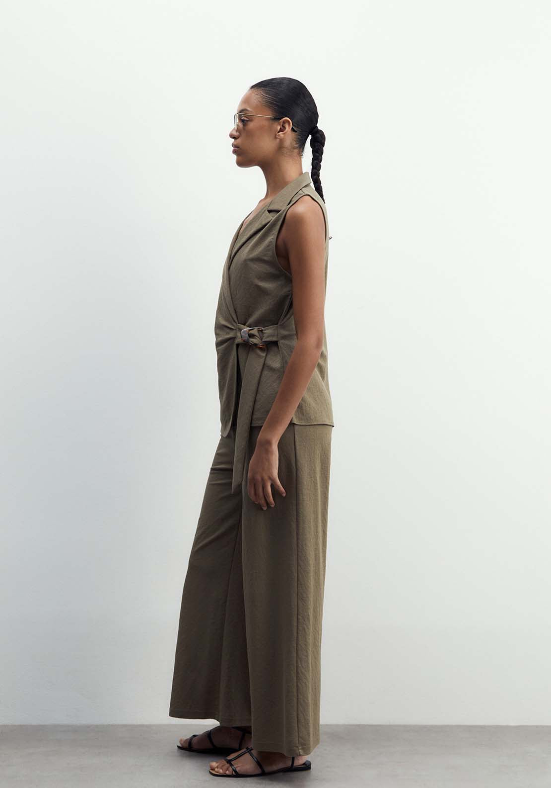 Sfera Linen-Effect Sleeveless Jacket - Khaki 3 Shaws Department Stores