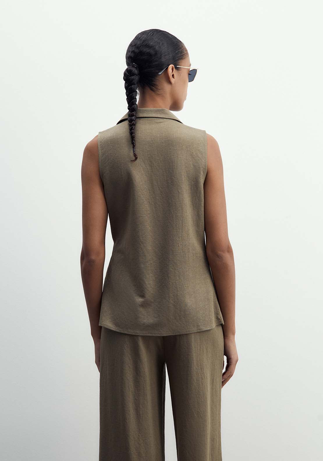 Sfera Linen-Effect Sleeveless Jacket - Khaki 2 Shaws Department Stores