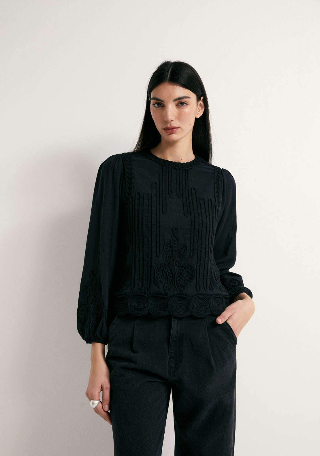 Romantic Style Cotton Top - Black