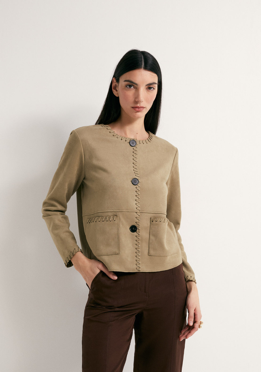 Faux Suede Stictch Detail Jacket - Khaki