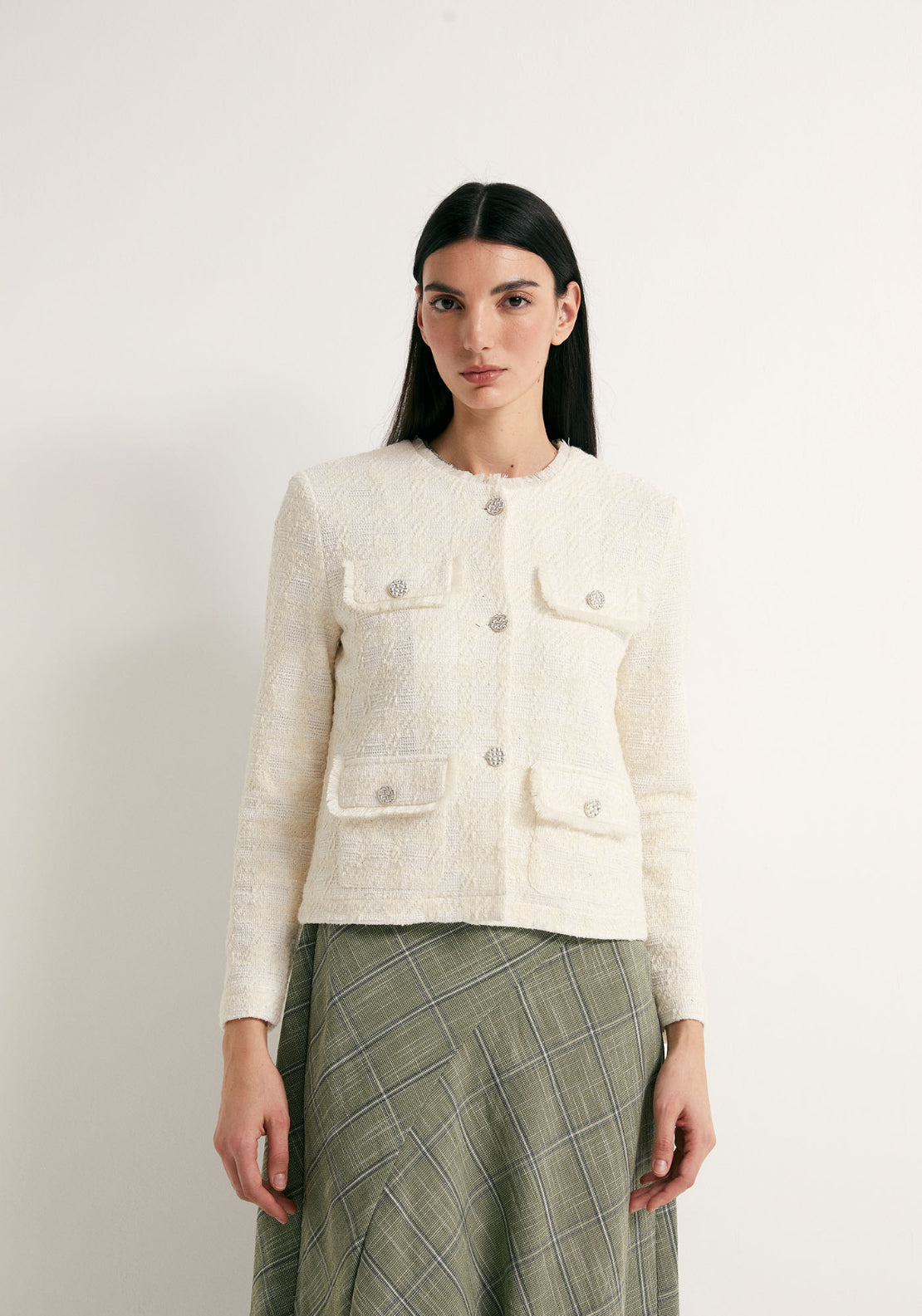 Textured Buttoned Jacket - Cream