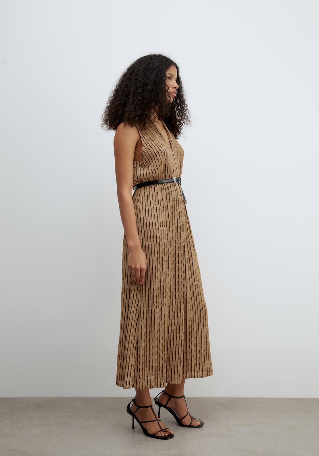 Sfera V Neck Structured Dress - Brown 3 Shaws Department Stores