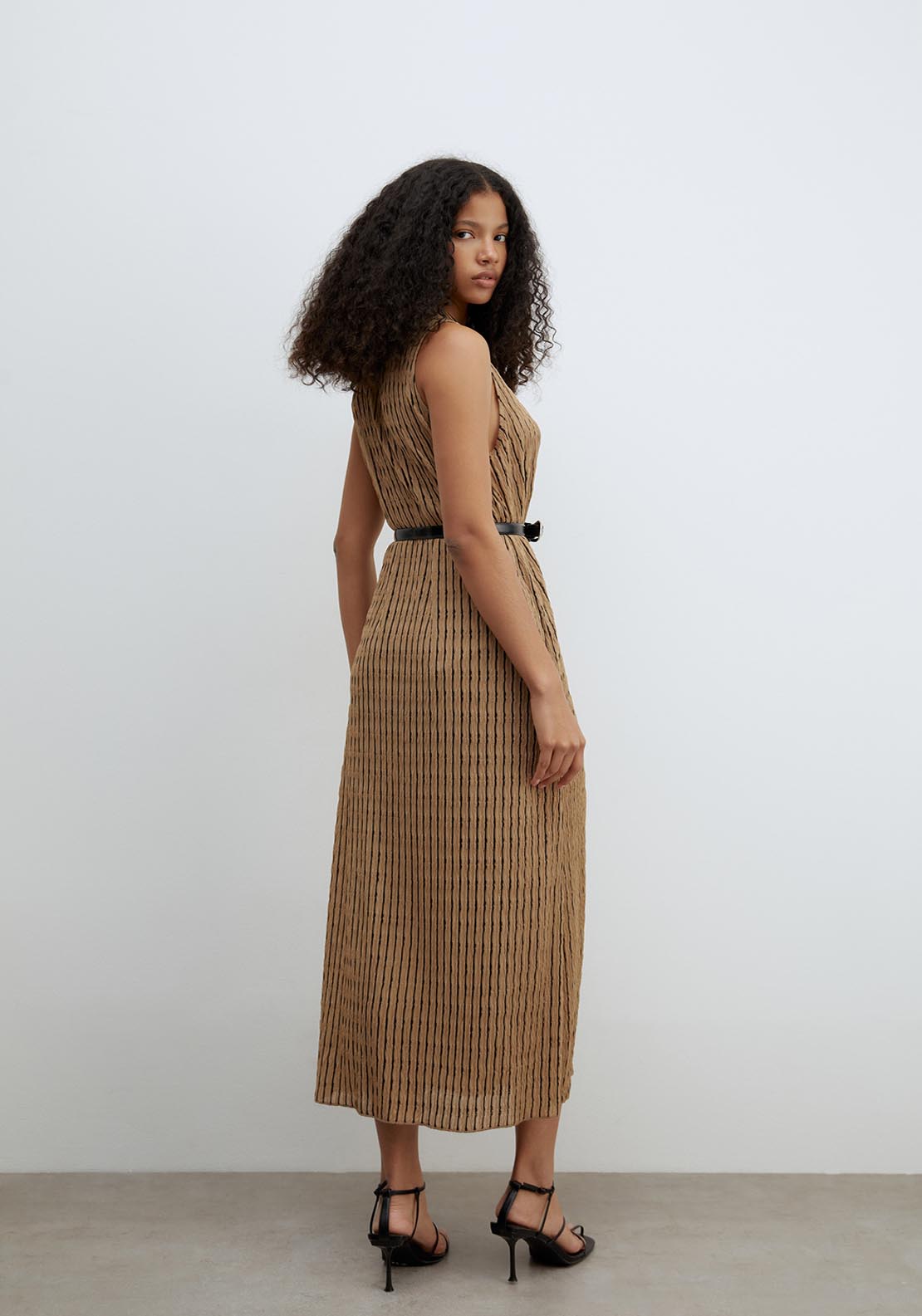 Sfera V Neck Structured Dress - Brown 2 Shaws Department Stores