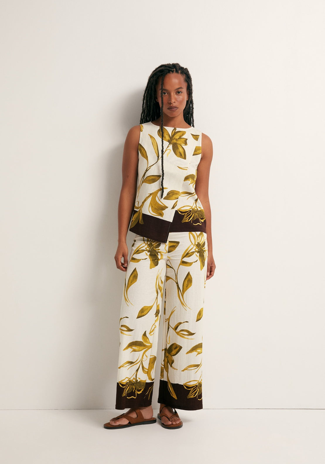 Floral Print Wide Trousers - Green