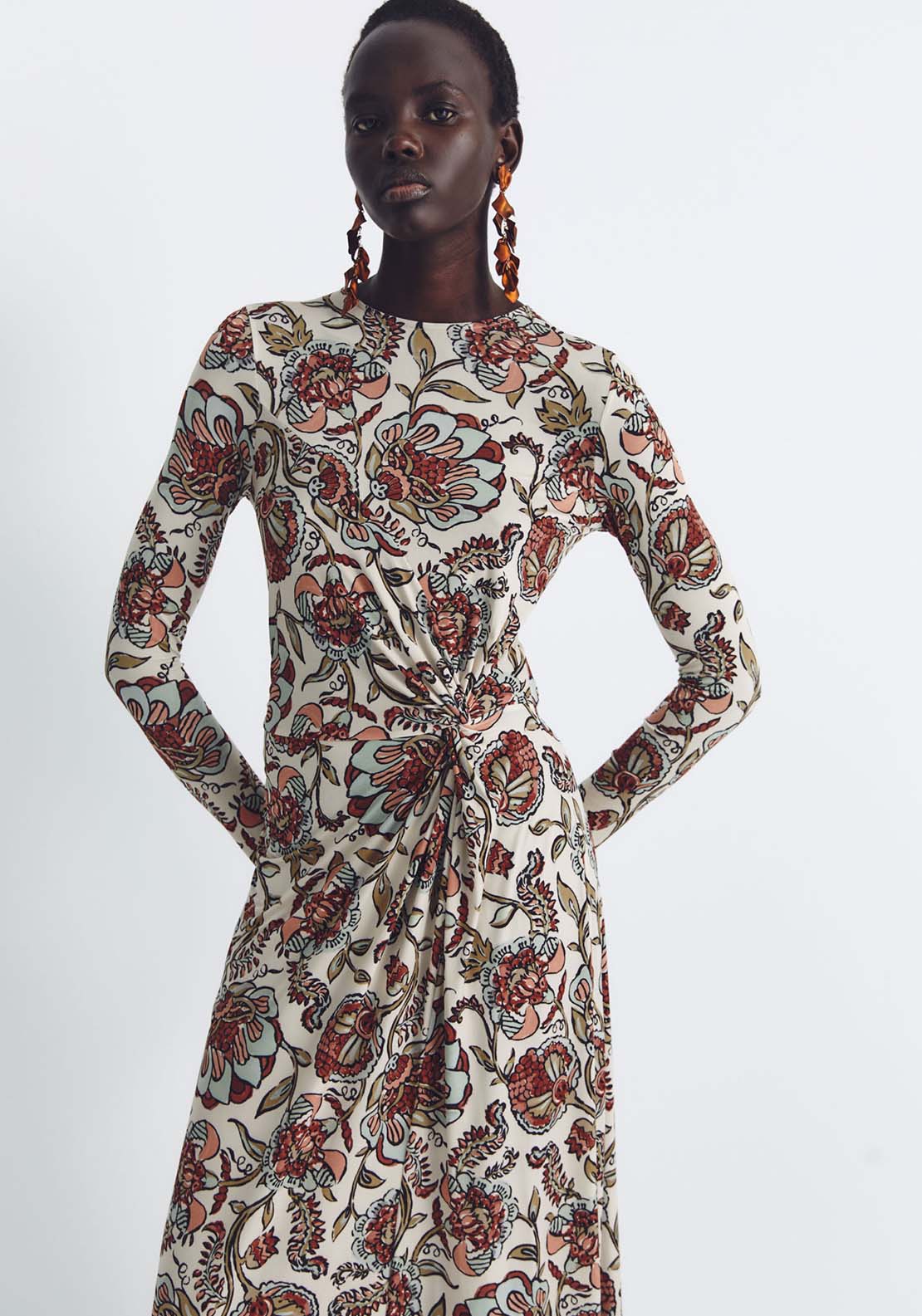 Sfera Knot Printed Dress - Ecru 1 Shaws Department Stores