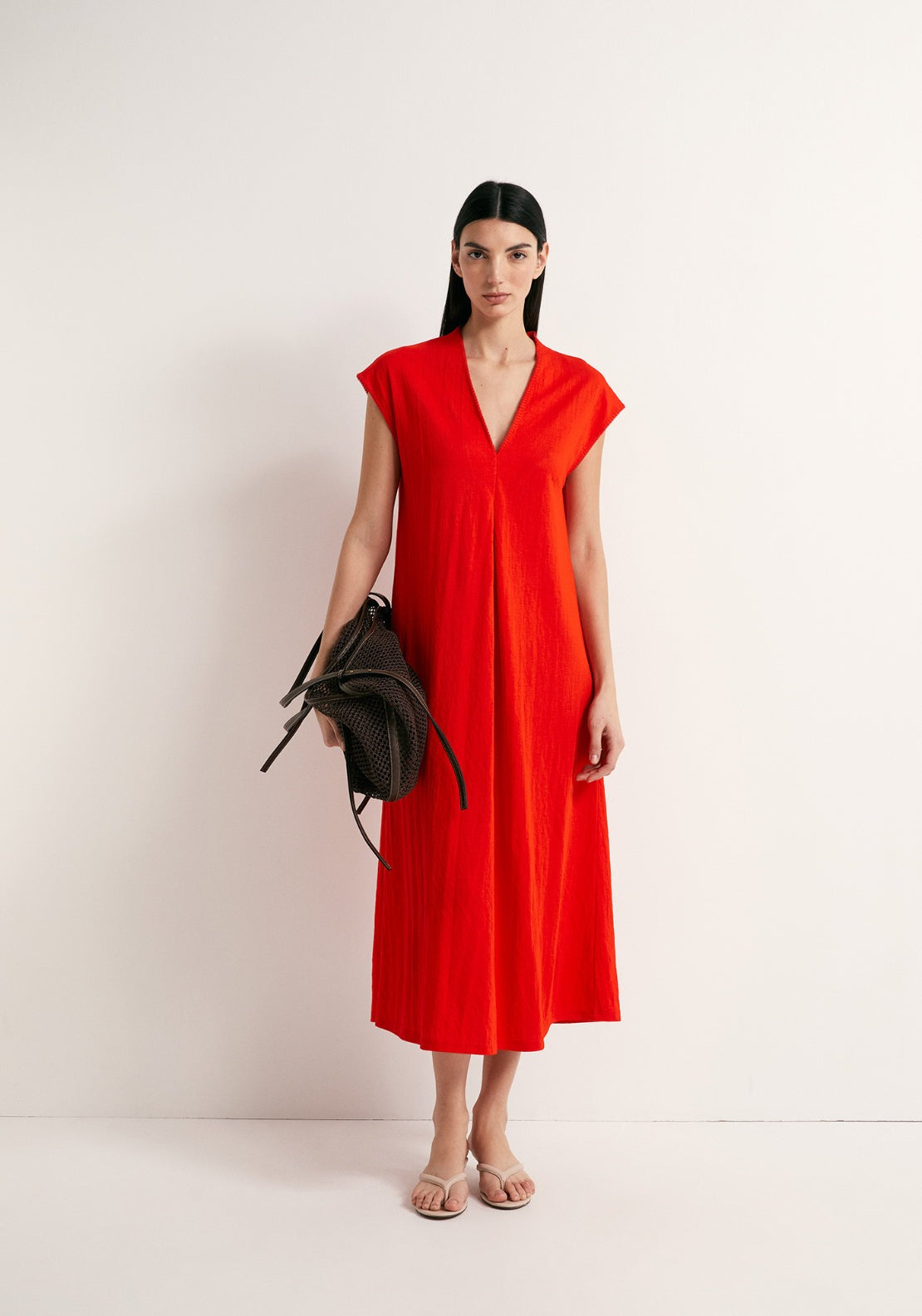 Mid Pleat Loose Dress - Red