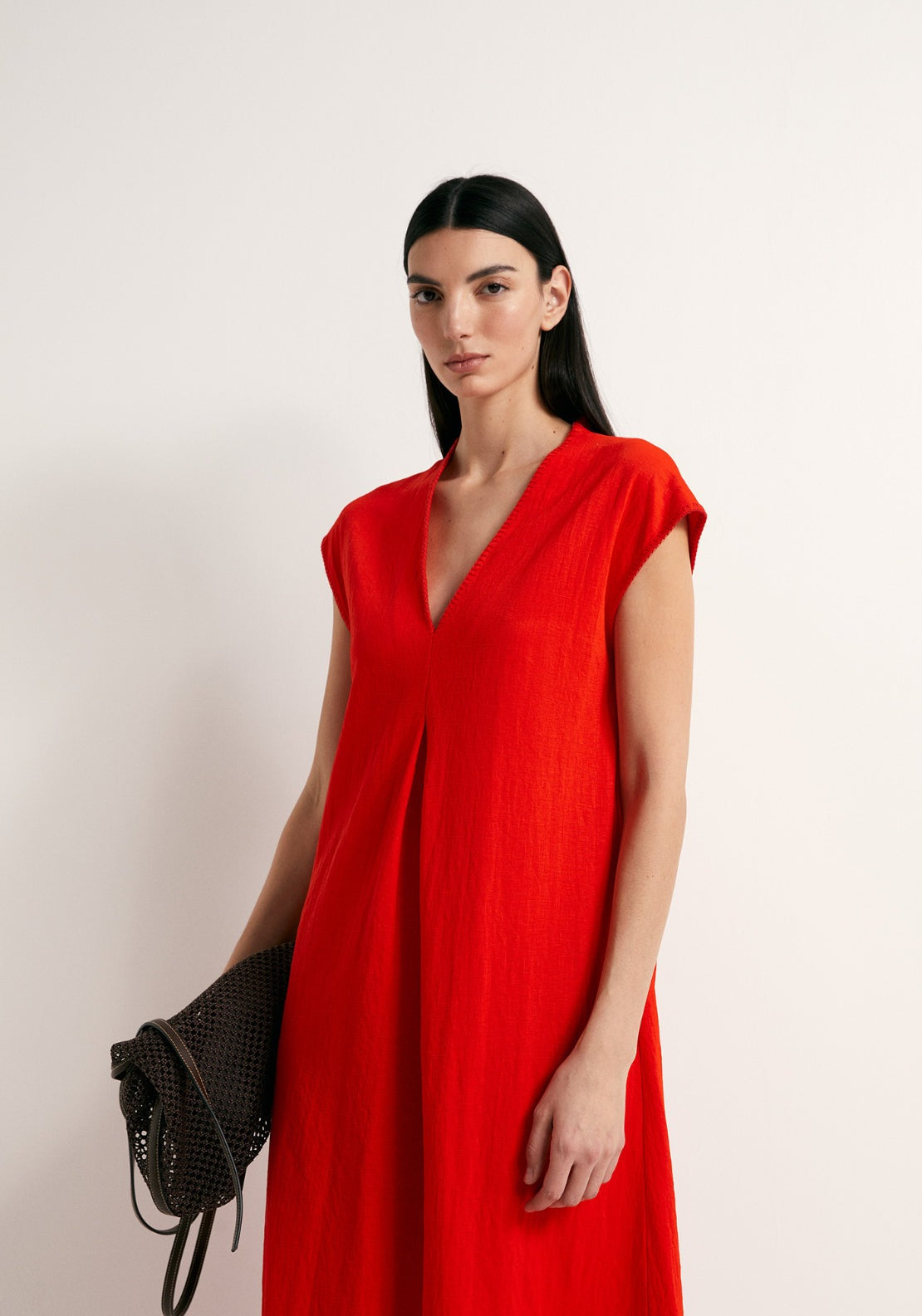 Mid Pleat Loose Dress - Red