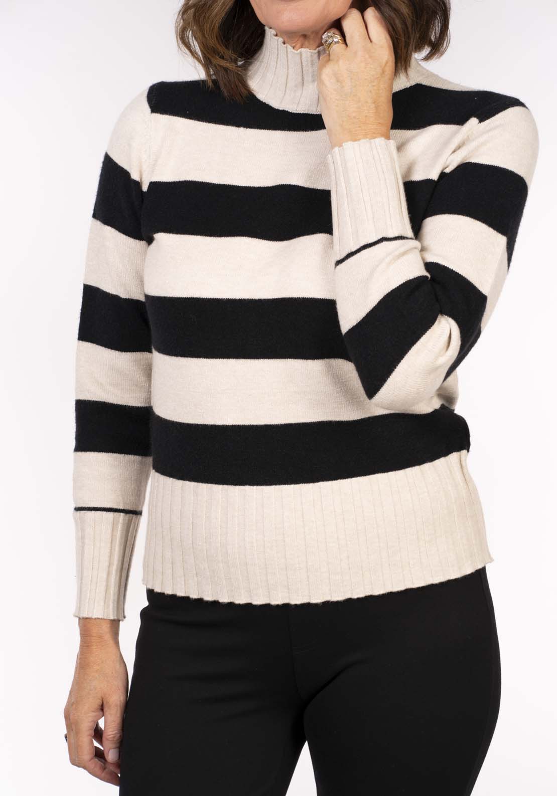 Tea Lane Stripe Turtle Neck Sweater - Beige / Black 3 Shaws Department Stores
