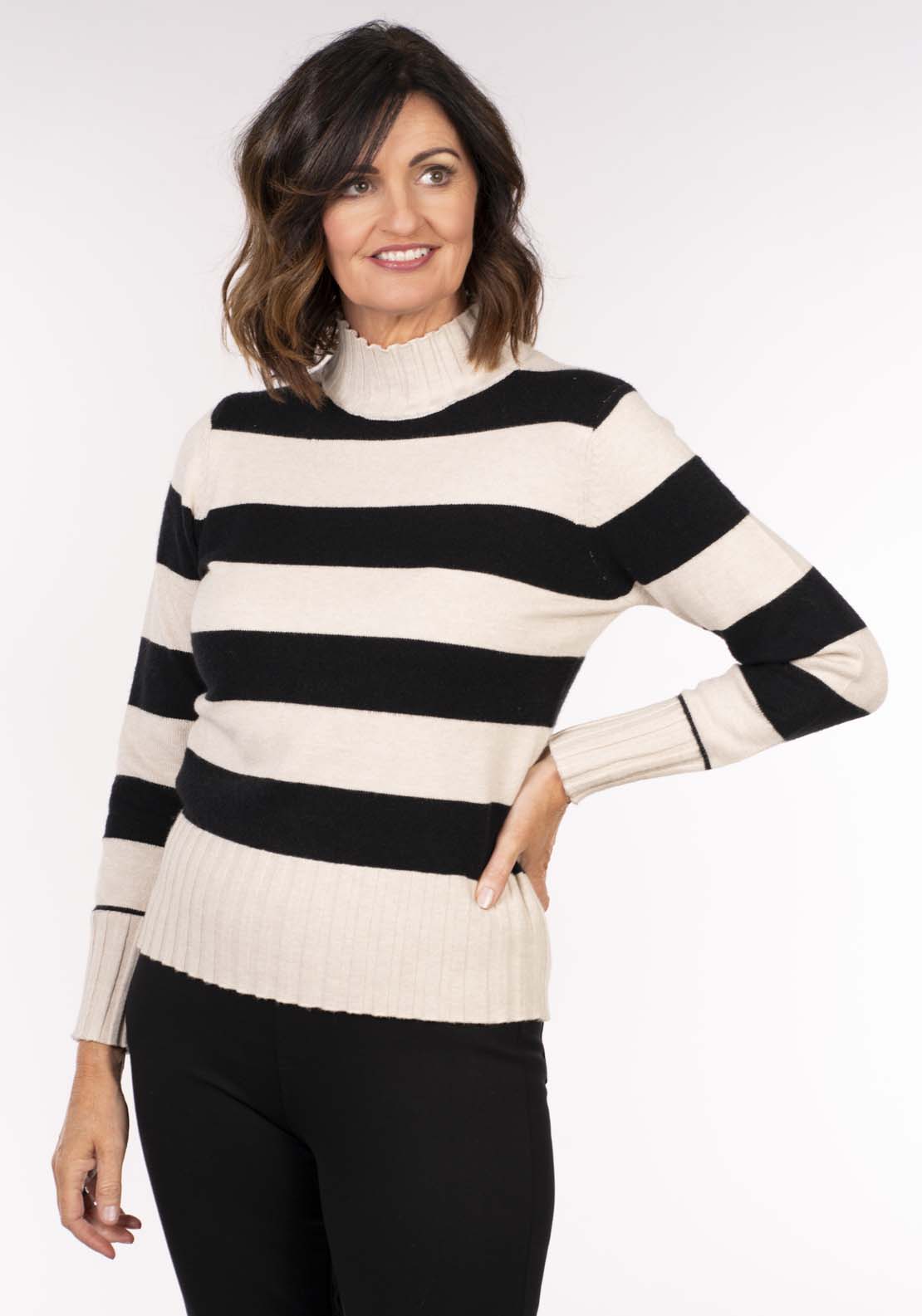 Tea Lane Stripe Turtle Neck Sweater - Beige / Black 1 Shaws Department Stores