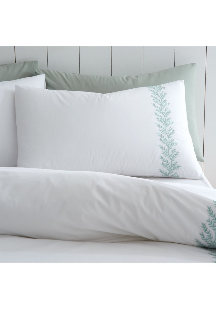Embroidery Leaf 180 Thread Count Cotton Duvet Cover Set - White / Green