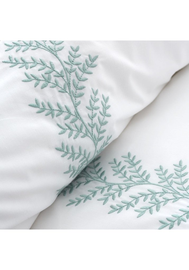 Embroidery Leaf 180 Thread Count Cotton Duvet Cover Set - White / Green