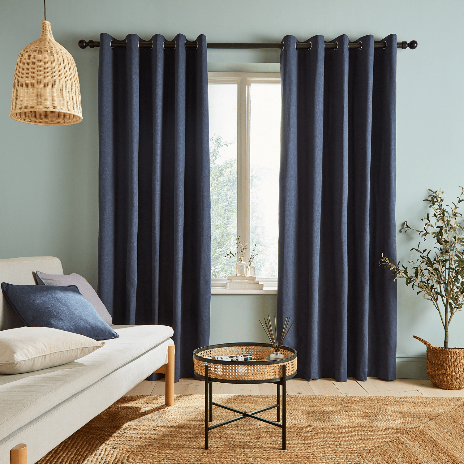 Catherine Lansfield Yarn Dyed 100% Cotton Chambray Lined Eyelet Curtains Two Panels - Blue 1 Shaws Department Stores