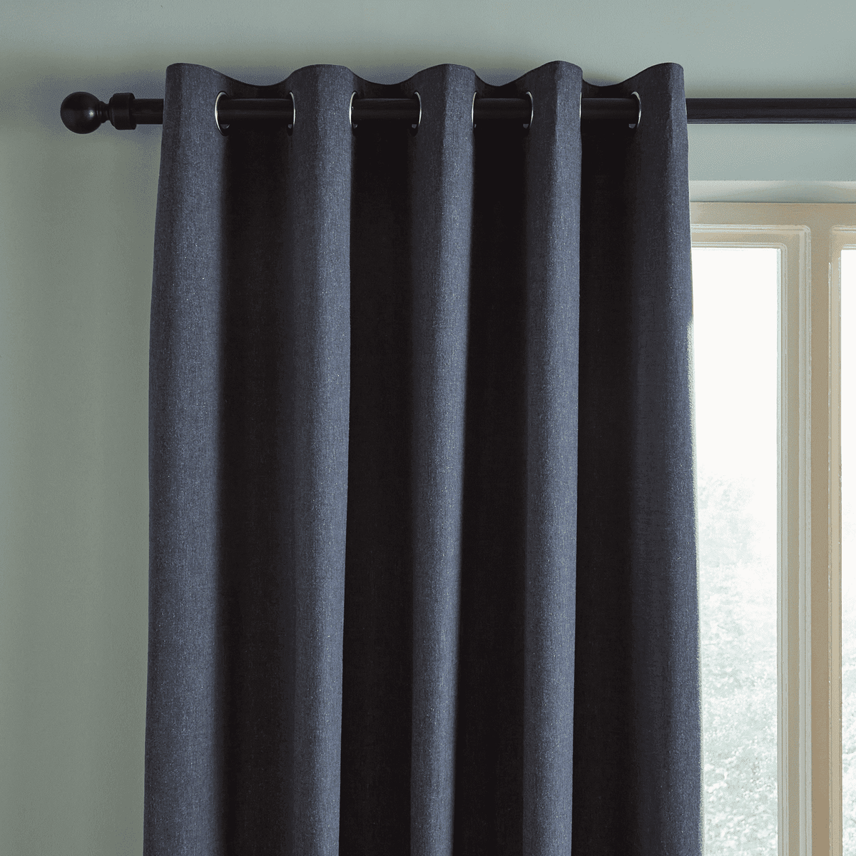 Yarn Dyed 100% Cotton Chambray Lined Eyelet Curtains Two Panels - Blue