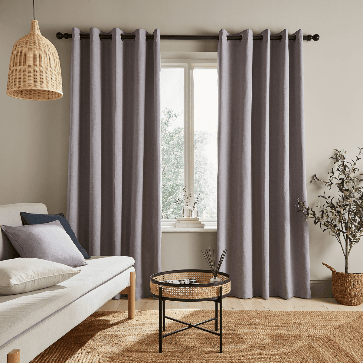 Yarn Dyed 100% Cotton Chambray Lined Eyelet Curtains Two Panels - Grey