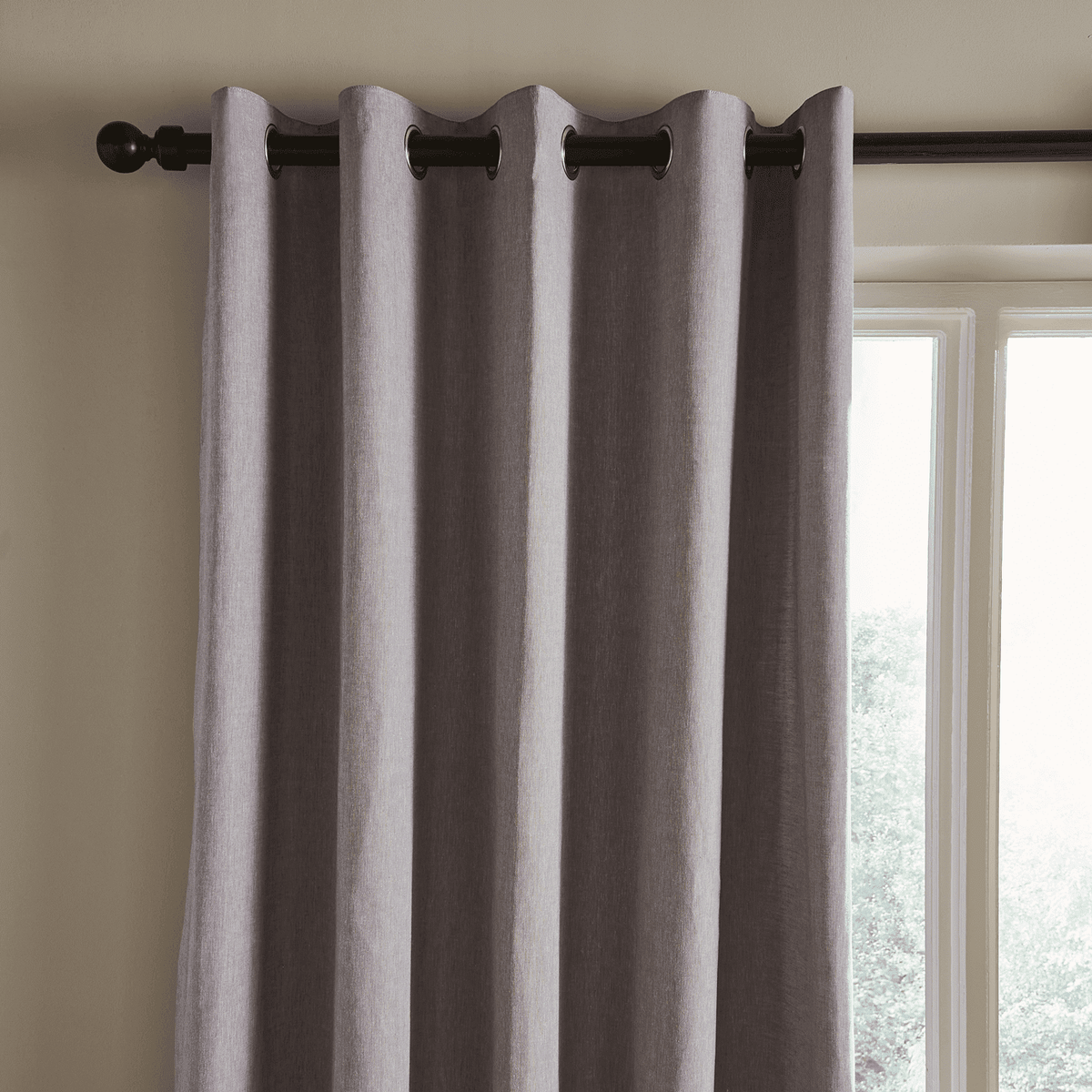 Yarn Dyed 100% Cotton Chambray Lined Eyelet Curtains Two Panels - Grey